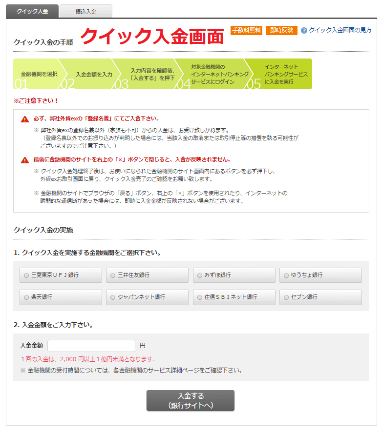 クイック入金画面(YJFX!)