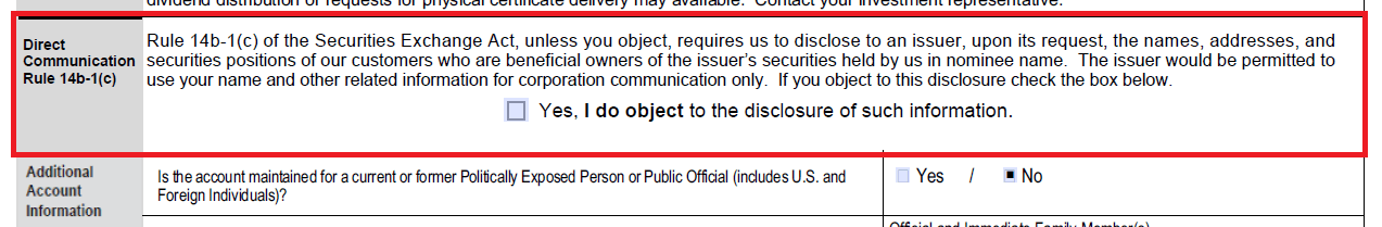 SogoTradeの口座開設申し込み用紙2枚目(Direct Communication)