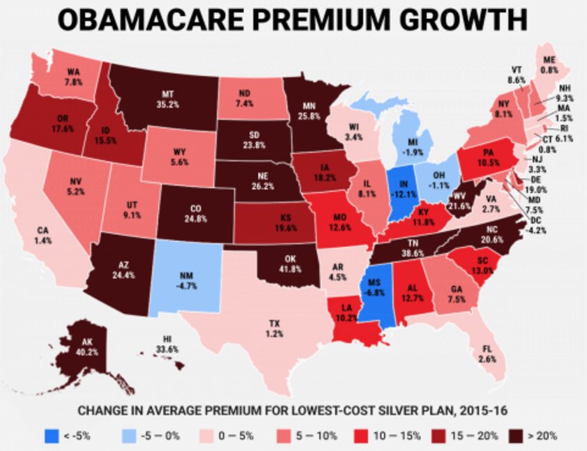 2015-16年のオバマケア保険料増加率