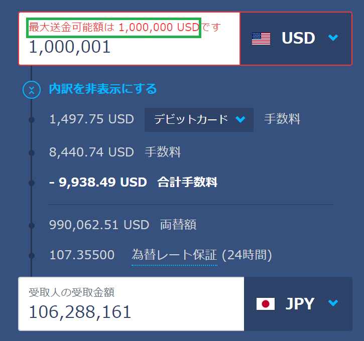 ワイズで送金_米国→日本_上限額